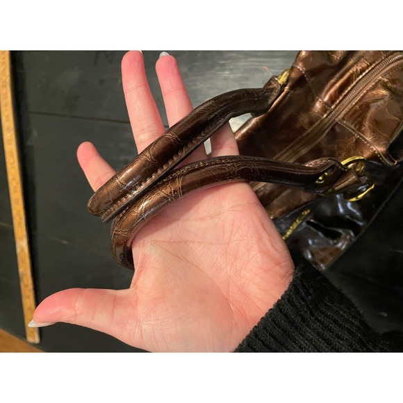 Coach Metallic Brown Croc Embossed Patent Leather Satchel Handbag - Picture 4 of 5